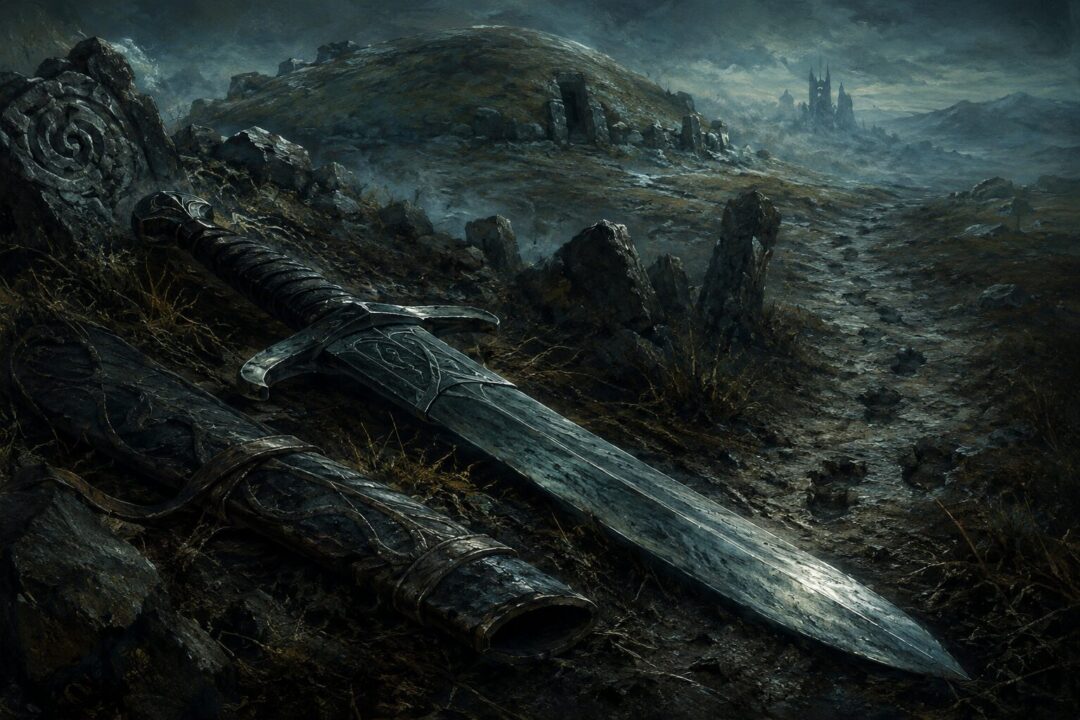 An ancient Barrow-downs blade rests in cold earth, recalling the forgotten northern war against Angmar.