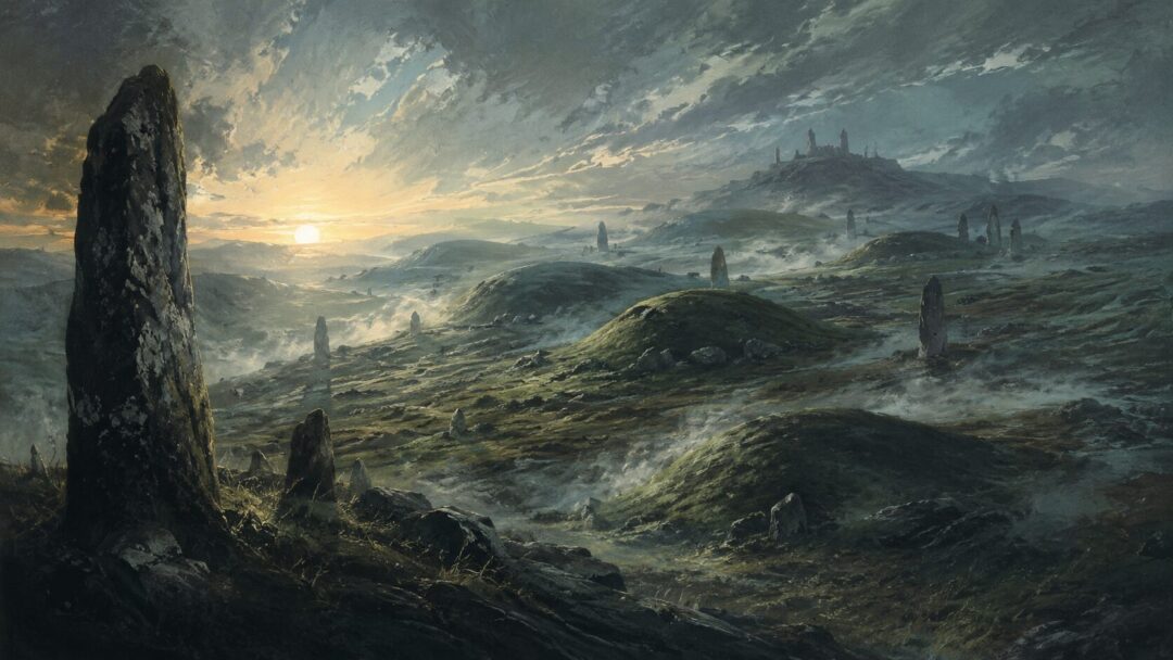 Ancient green burial mounds of the Barrow-downs covered in mist beneath a cold dawn sky.