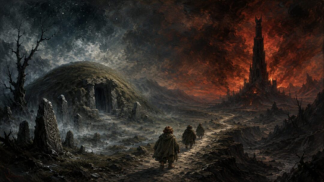 A symbolic Middle-earth scene contrasting a cold haunted barrow with a distant dark tower under a red-black sky.