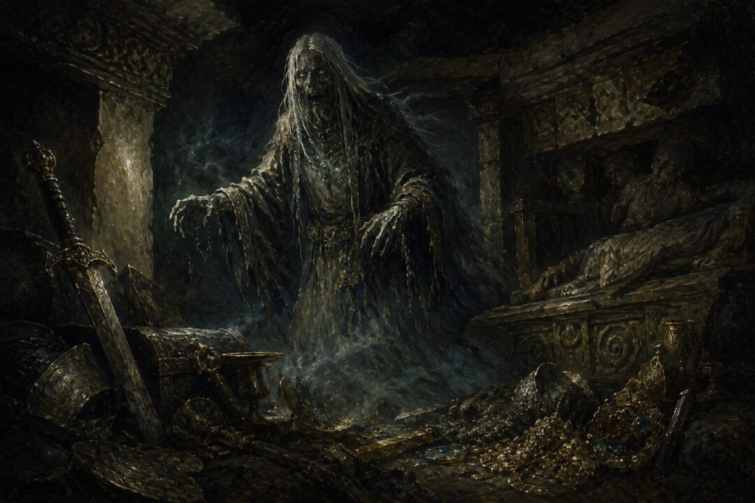 A Barrow-wight lurking among ancient treasures within a corrupted burial mound