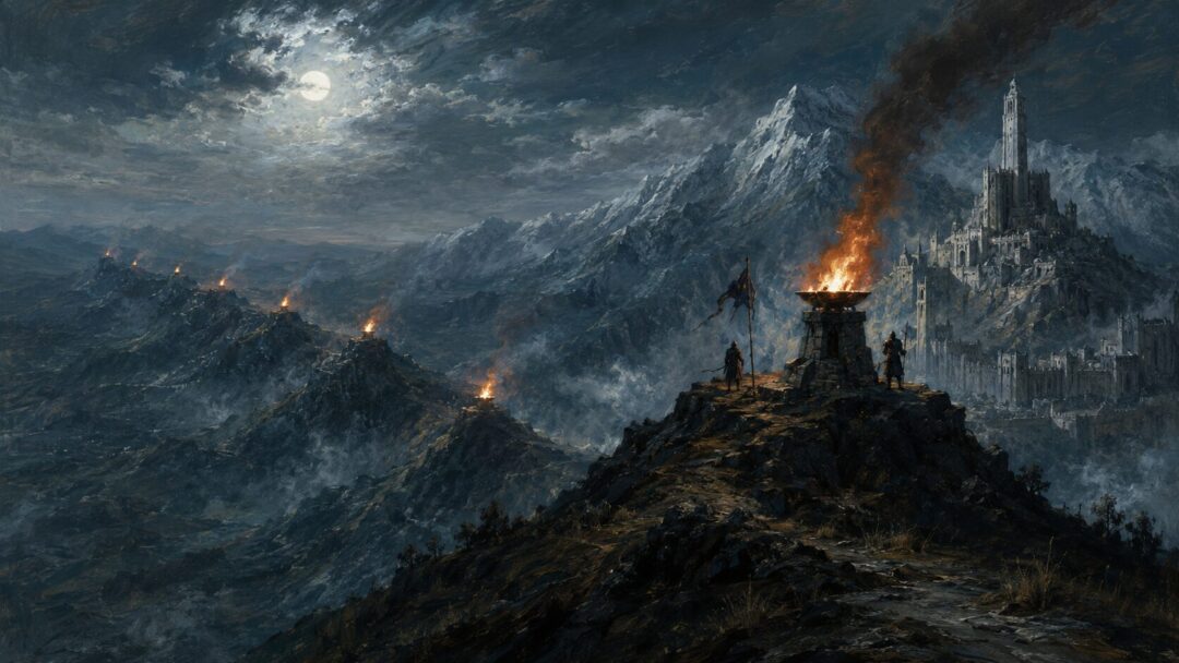 The beacon fires of Gondor burning one after another across the foothills of the White Mountains at night.