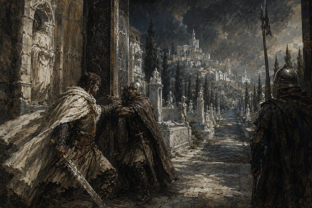 Beregond entering the Silent Street of Rath Dínen to reach Faramir.