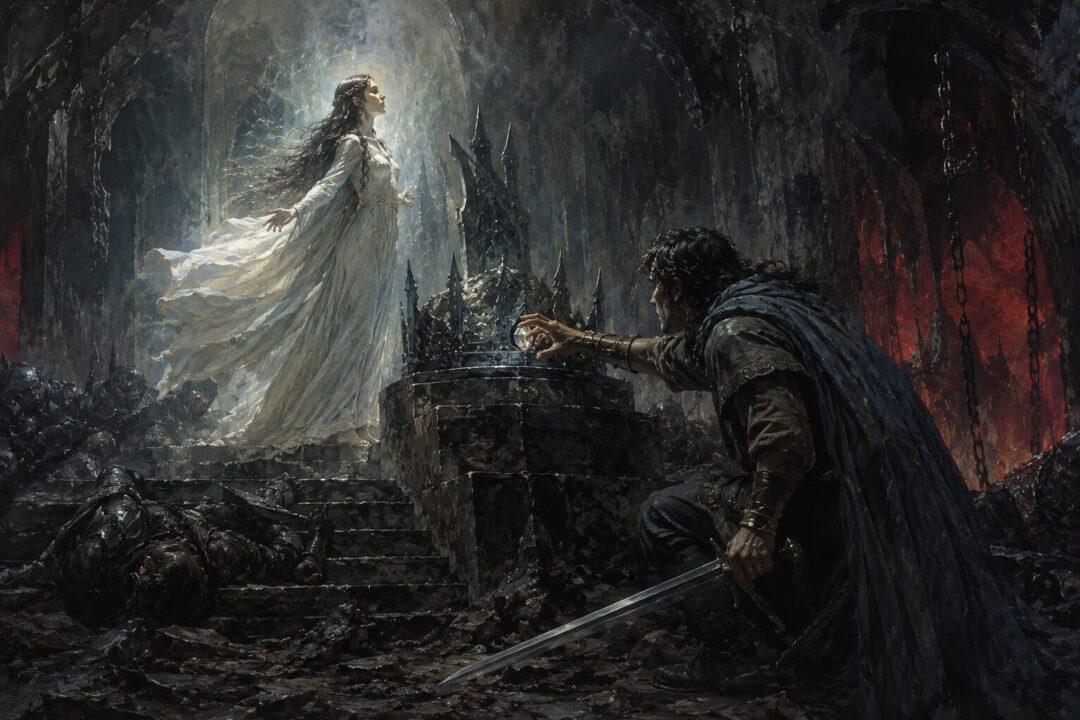 Beren reaches for a Silmaril while Lúthien's song overcomes the darkness of Angband.