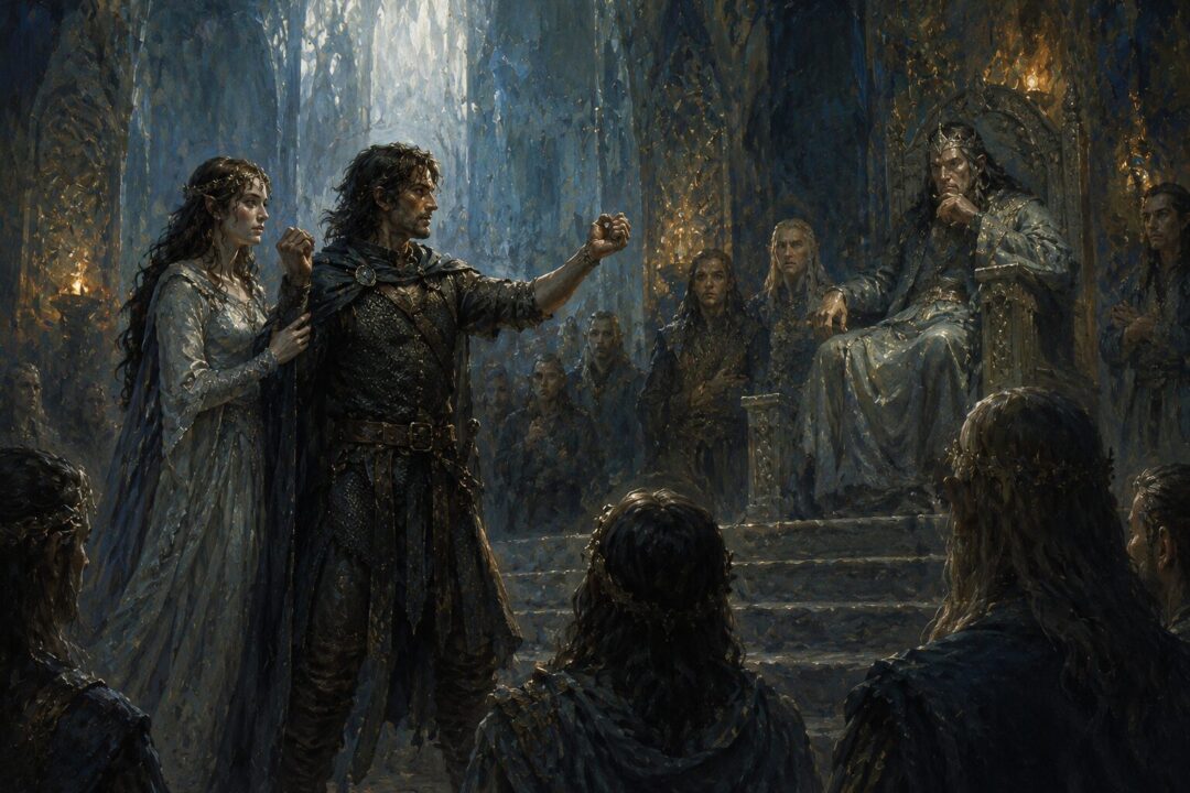 Beren presenting his empty arm before Thingol after returning from the quest for the Silmaril.