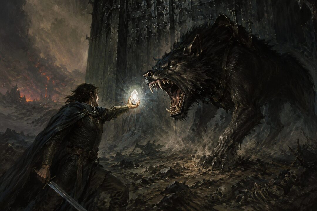 Beren confronting Carcharoth with the Silmaril before losing his hand outside Angband.