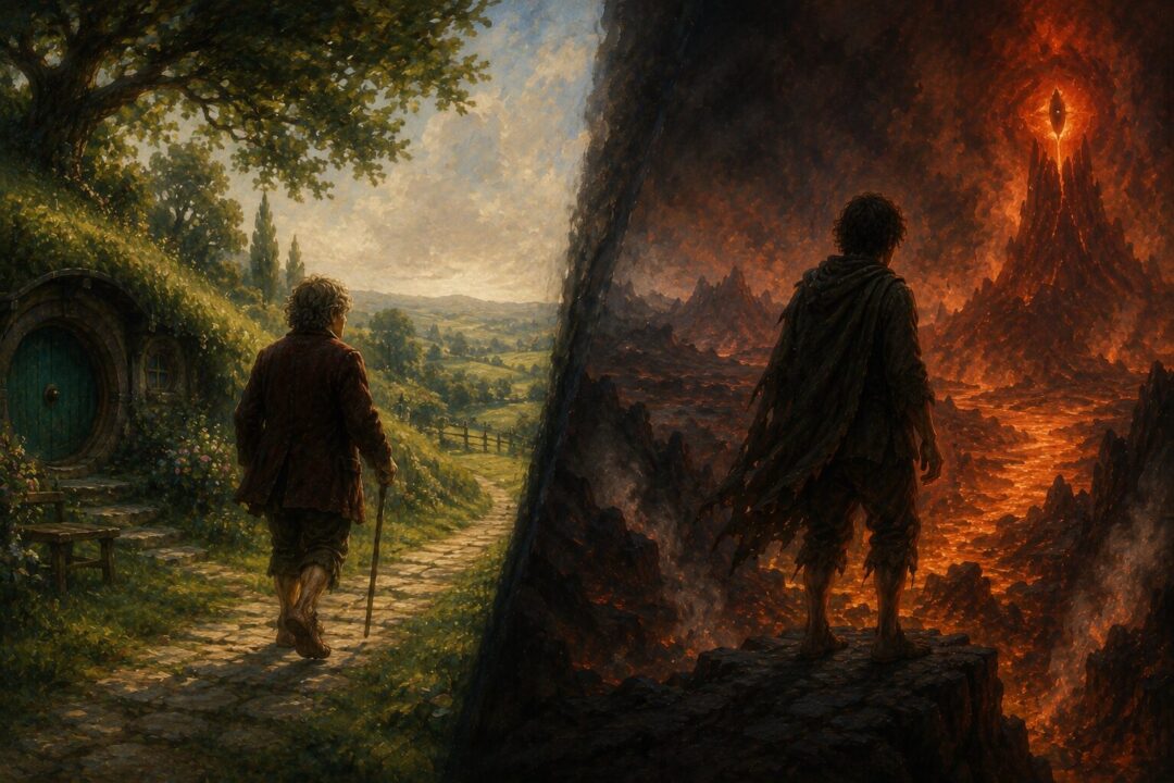 Symbolic comparison of Bilbo leaving the Ring behind and Frodo facing Mount Doom.
