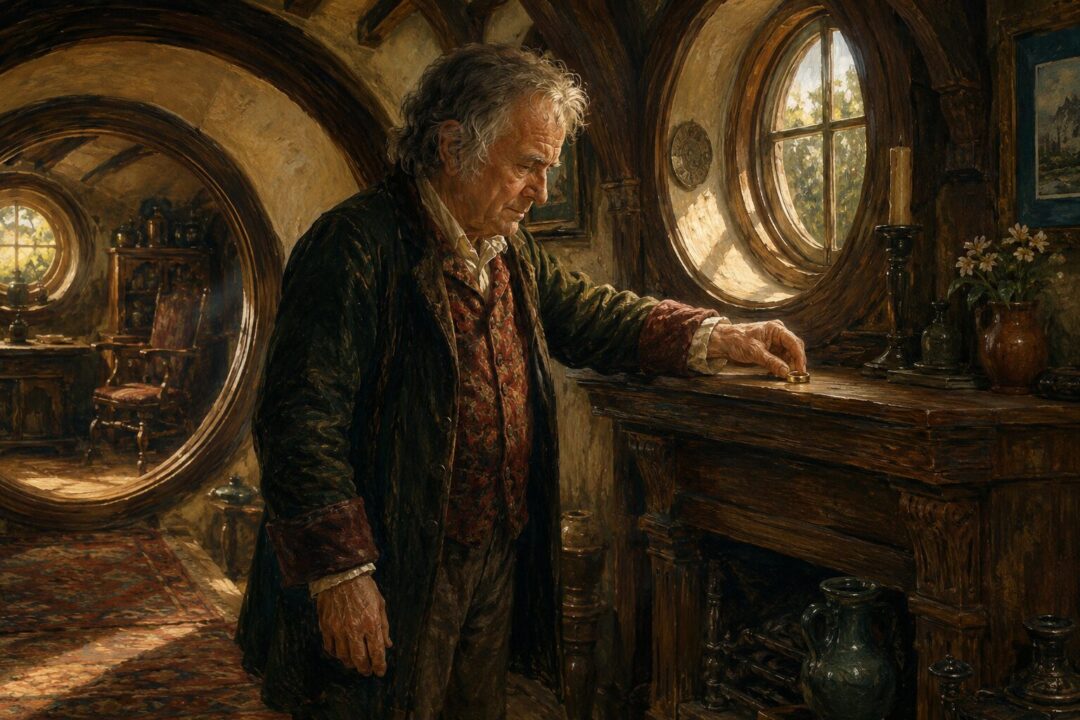 Bilbo Baggins placing the One Ring on the mantel in Bag End before leaving the Shire.