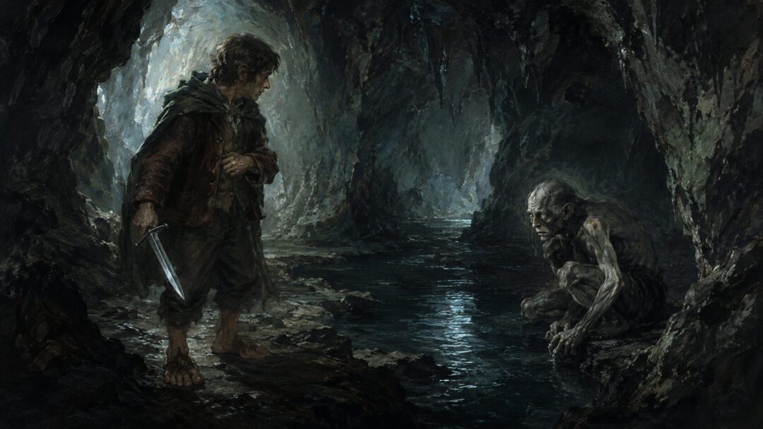 Bilbo shows mercy to Gollum beside dark underground water in the caverns beneath the Misty Mountains.