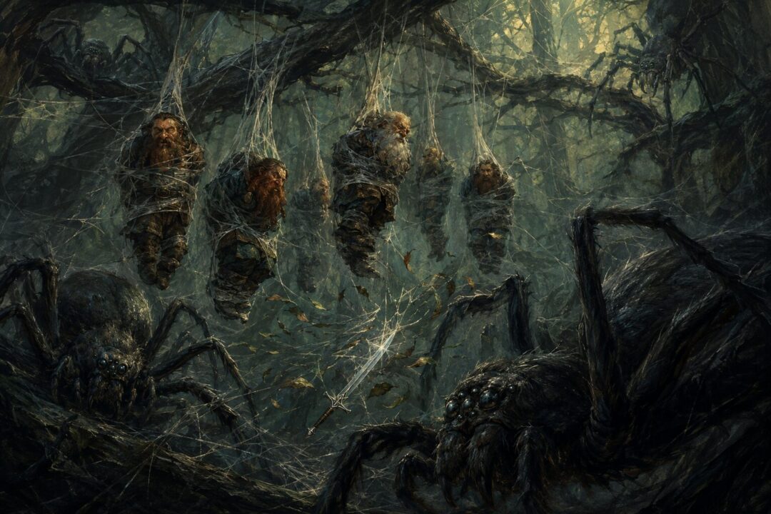 Bilbo fights the giant spiders of Mirkwood with his Elvish sword while the dwarves hang in webs.