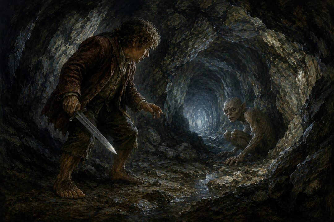 Bilbo choosing mercy over violence as he spares Gollum beneath the Misty Mountains.