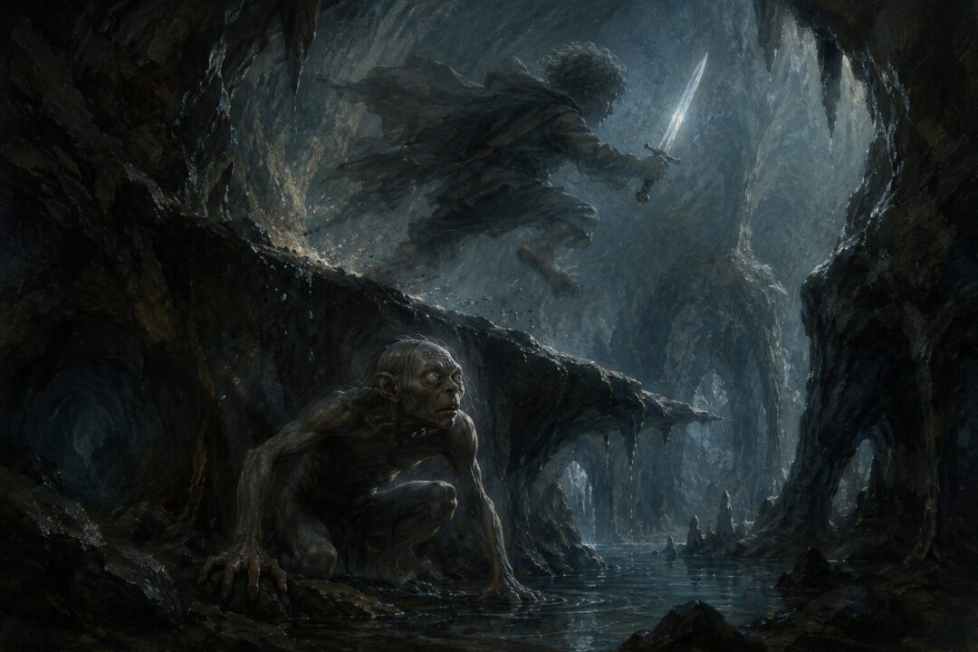 Bilbo chooses pity and leaps over Gollum in the dark tunnels beneath the Misty Mountains.