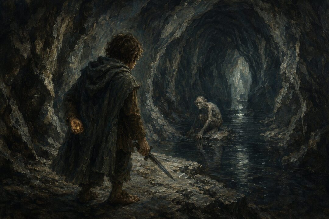 Bilbo hesitates in a dark cavern beneath the Misty Mountains, sparing Gollum instead of striking him.