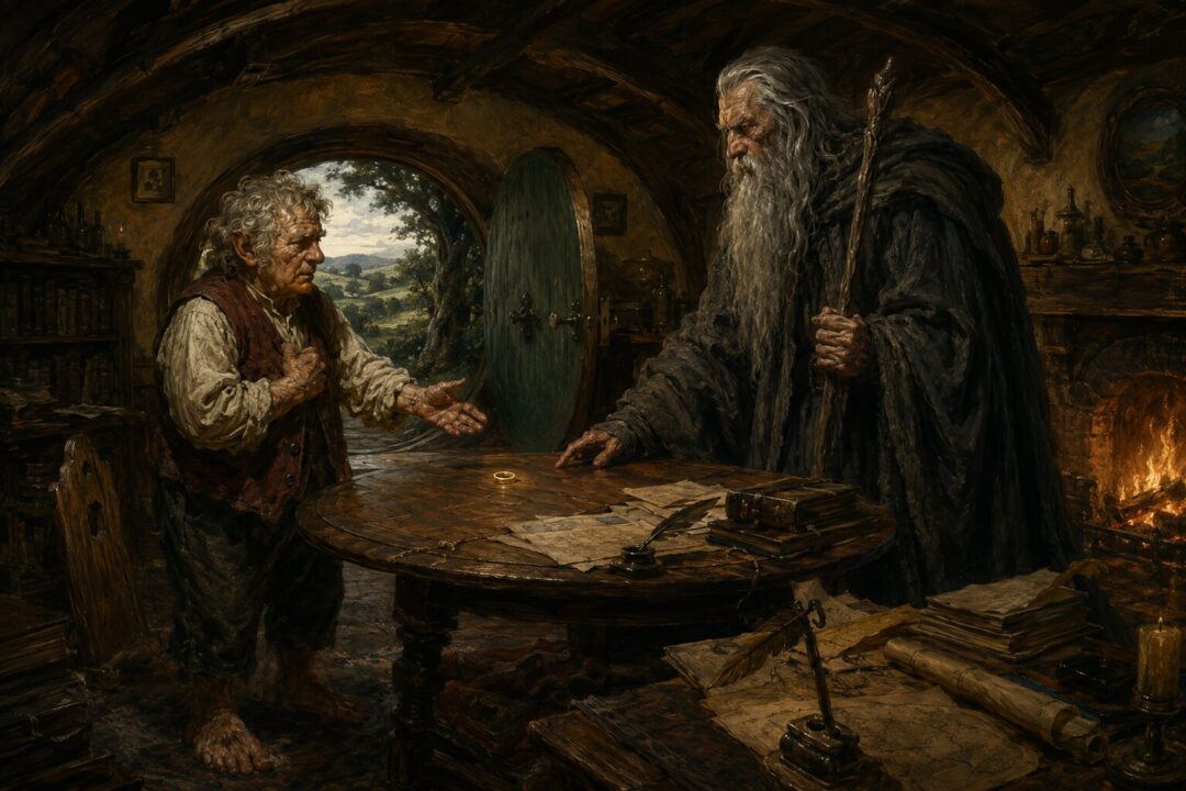 Bilbo standing tensely beside a small gold ring on a table in a warm Shire study while Gandalf watches.