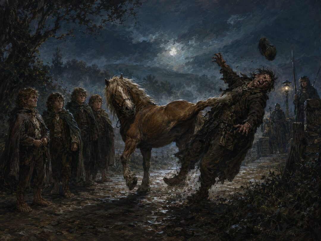 Bill the Pony kicks Bill Ferny near the Brandywine Bridge road as the hobbits return home.