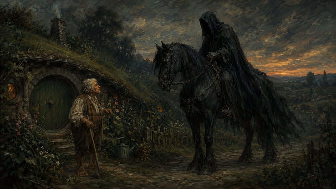 A black-cloaked Rider questions an elderly hobbit gardener outside a peaceful Shire home at twilight.