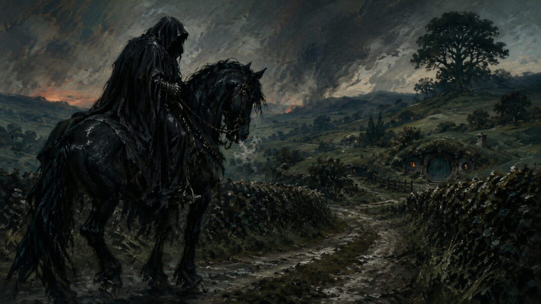 A Black Rider searches a quiet Shire lane at dusk while distant hobbit holes sit beneath the hedgerows.