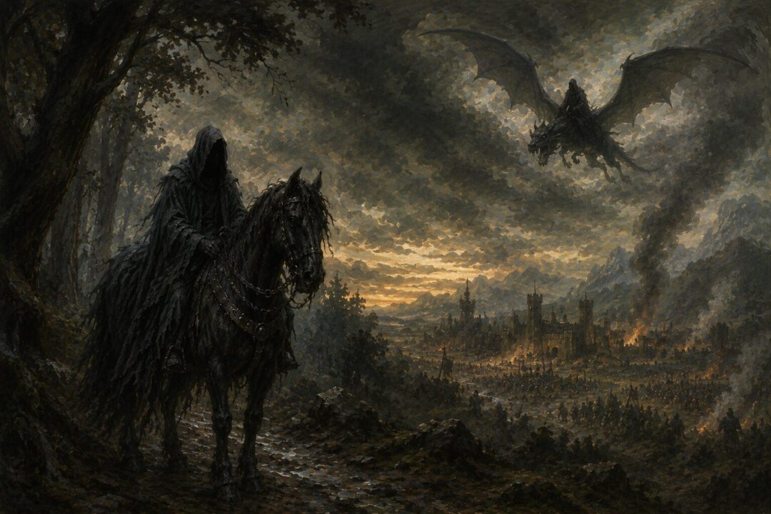 Symbolic comparison between a mounted Black Rider and a Nazgûl on a fell beast