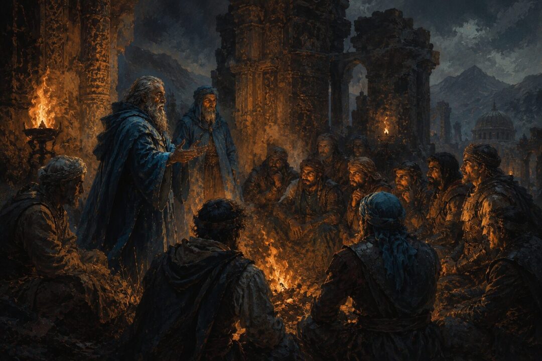 A Blue Wizard quietly inspiring eastern Men to resist Sauron's influence.