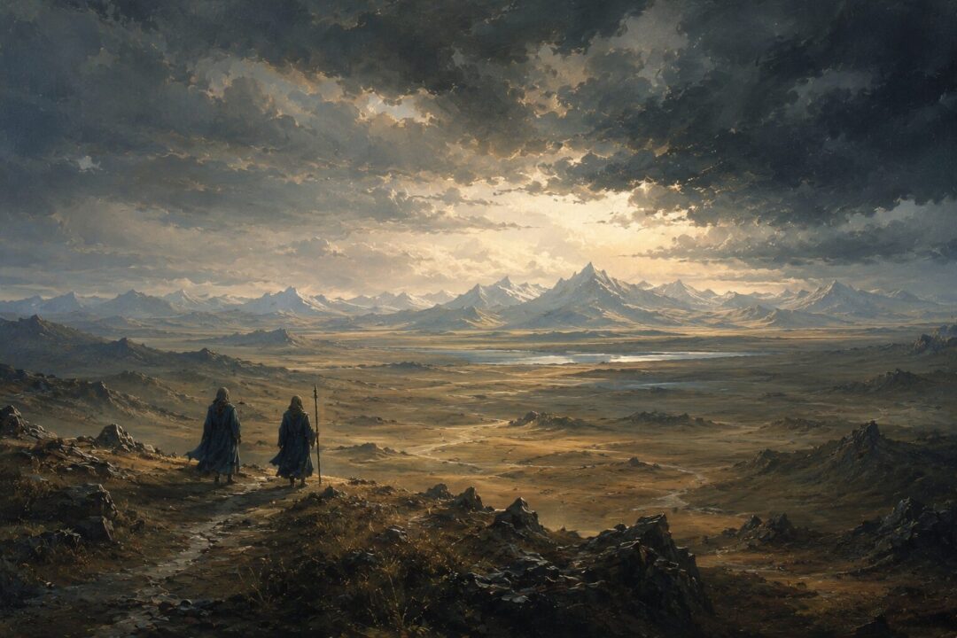 Two Blue Wizards traveling east into the unknown lands beyond Rhûn.