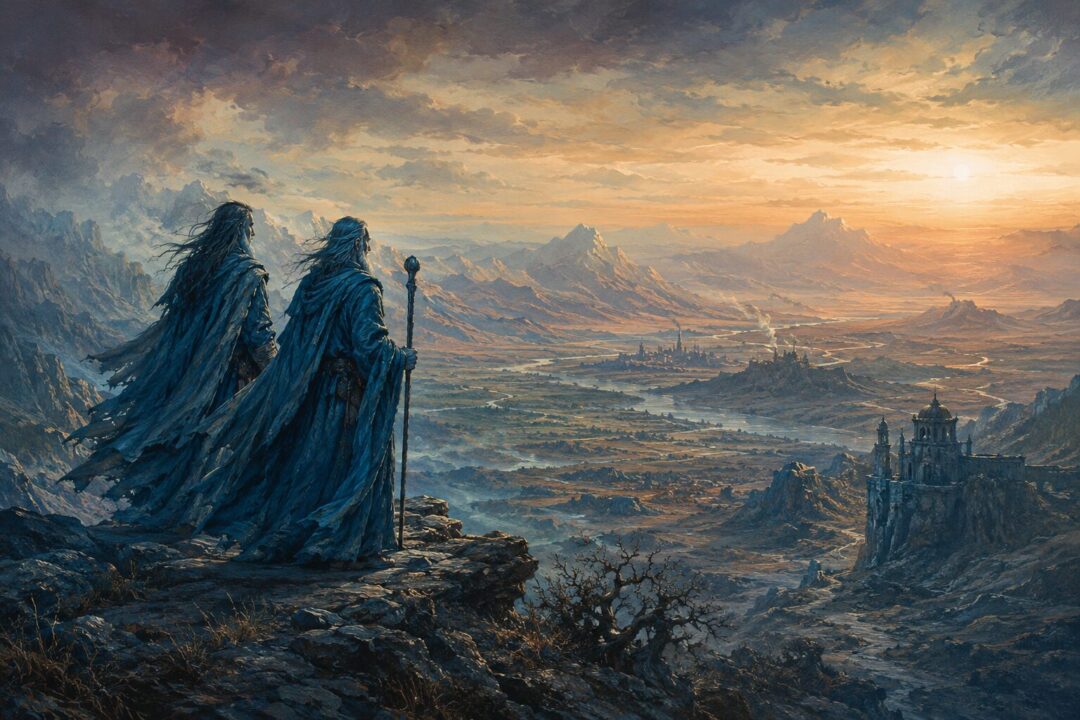 The Blue Wizards setting out into the eastern lands of Middle-earth at sunrise.