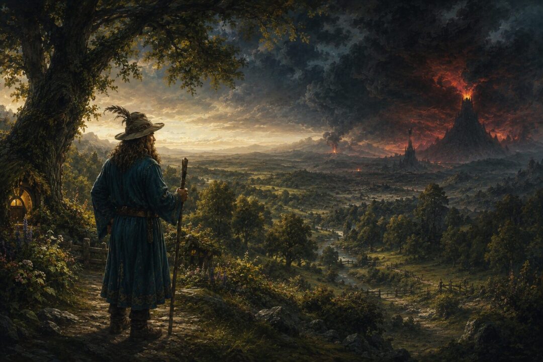 Tom Bombadil watching from the border of his woodland while distant darkness gathers far beyond his land.