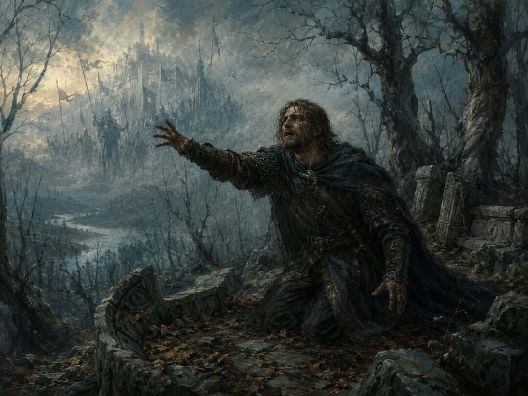 Boromir stands among the ruins of Amon Hen as visions of banners and Minas Tirith gather in the mist.