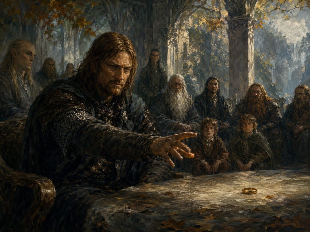 Boromir watches the One Ring at the Council of Elrond with the burden of Gondor on his face.