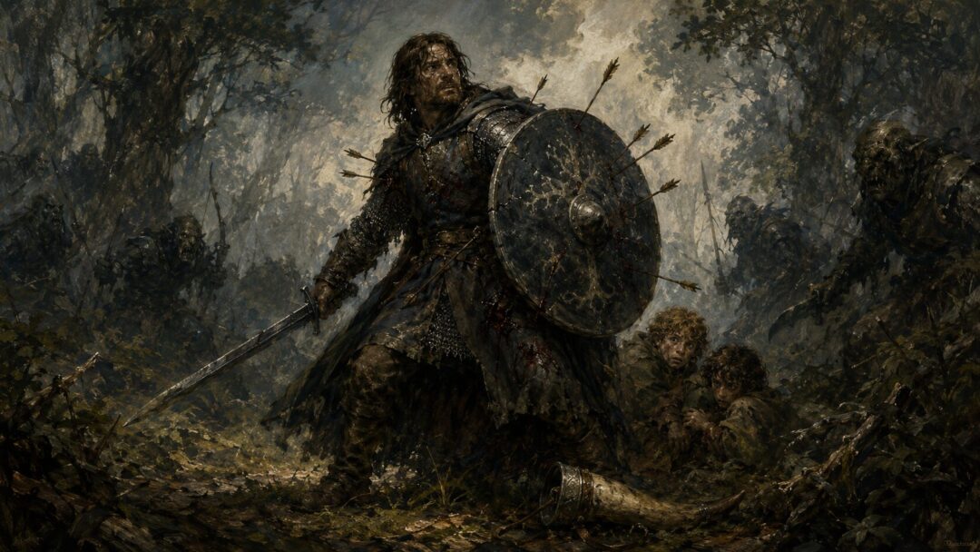 Boromir stands wounded but resolute while defending two hobbits from Orcs near Parth Galen.