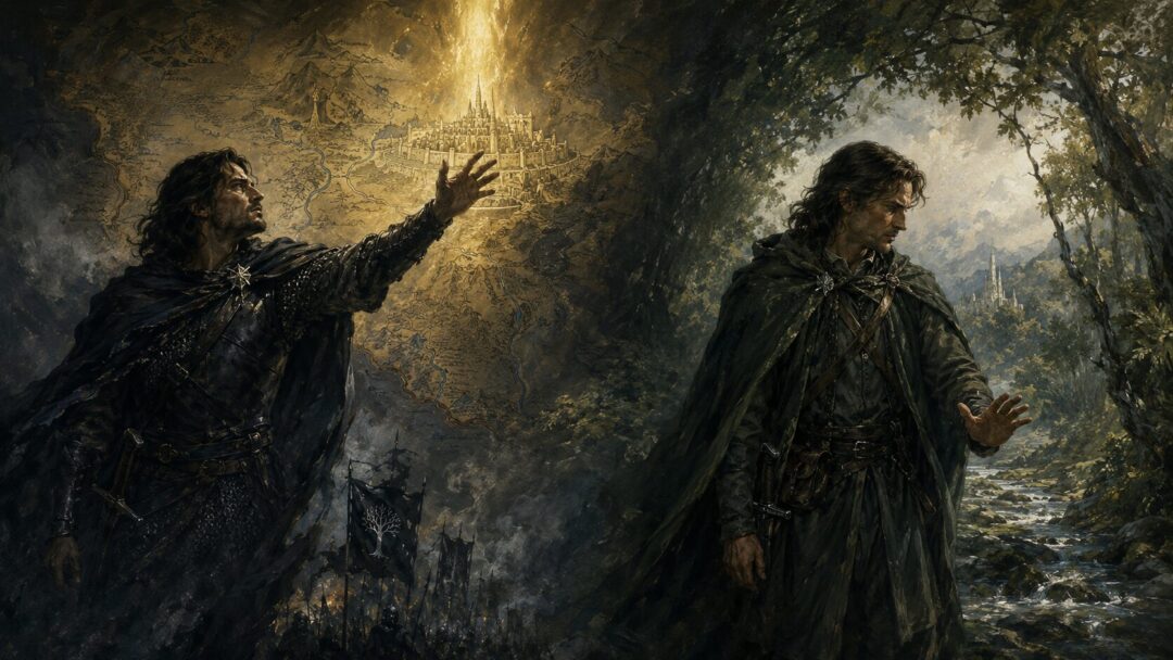 A symbolic contrast between Boromir tempted by the Ring and Faramir refusing its power in Ithilien.