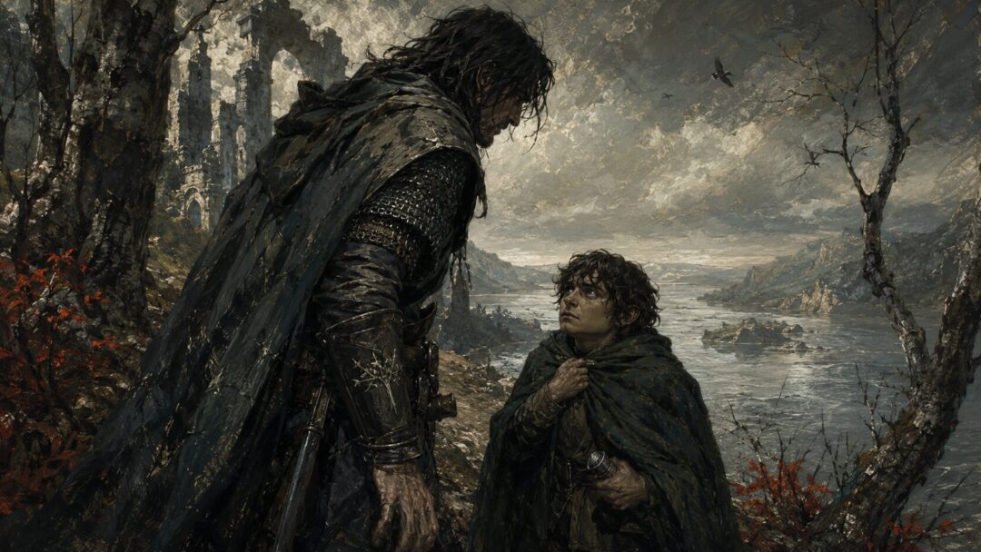 Boromir confronts Frodo on the wooded slopes of Amon Hen as the Ring begins to twist concern into pressure.
