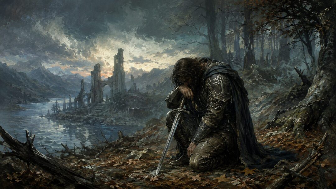 Boromir kneels in shame among the trees after realizing he tried to take the Ring from Frodo.