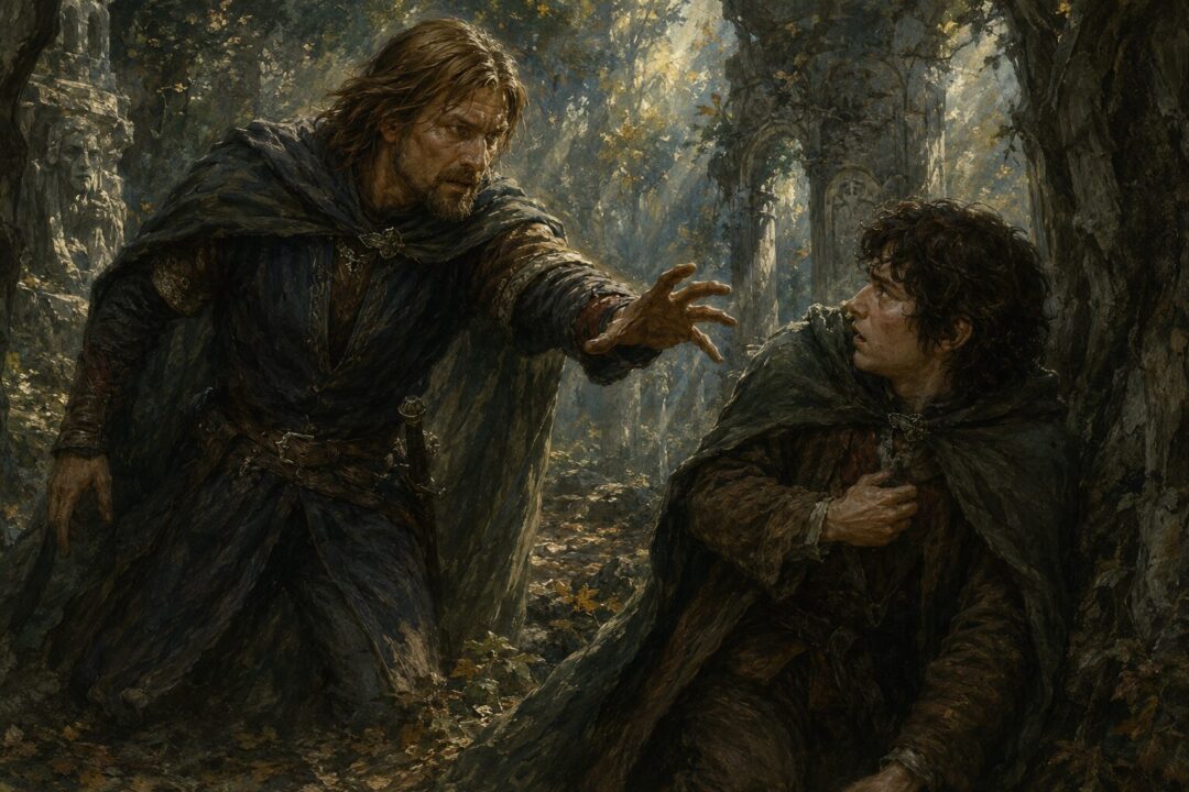 Boromir reaching toward Frodo in a wooded ruin as fear and temptation overtake him at Amon Hen.