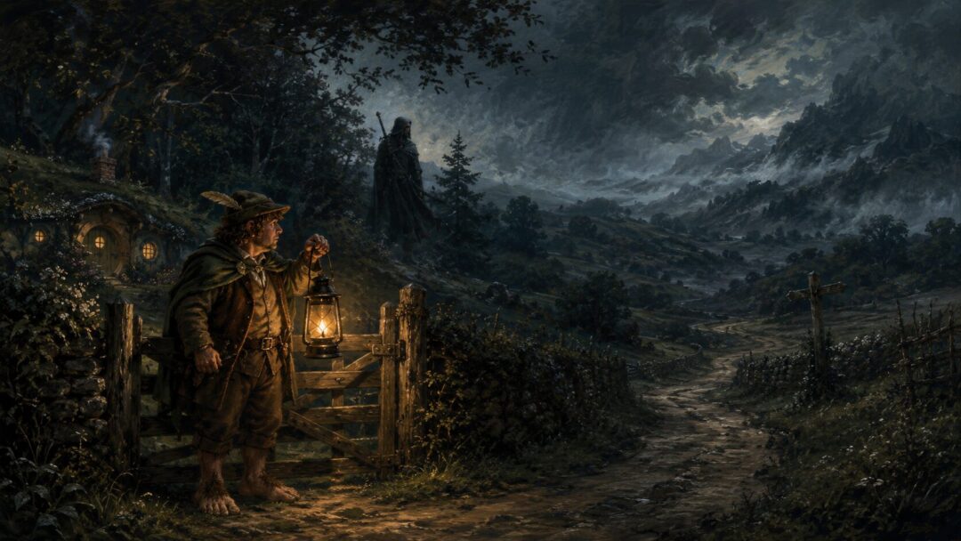 A Hobbit Bounder with a lantern stands near a Shire gate while a hidden Ranger watches beyond the hedge.