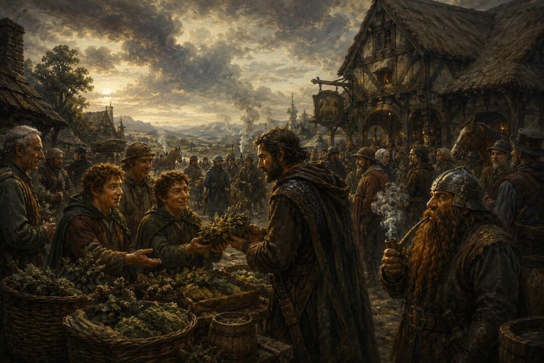 Traders in Bree exchanging goods including pipe-weed at the crossroads.