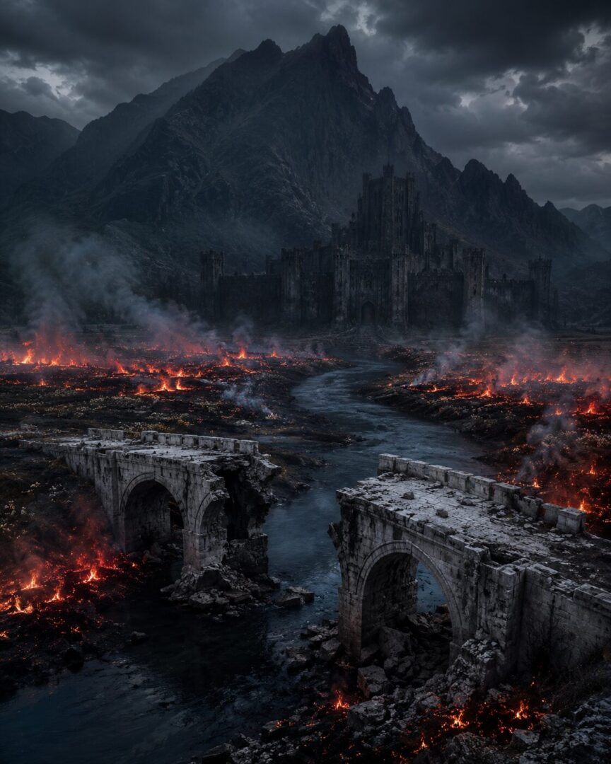 The broken bridge and burning fields at the entrance to the Morgul Vale after the fall of Sauron.