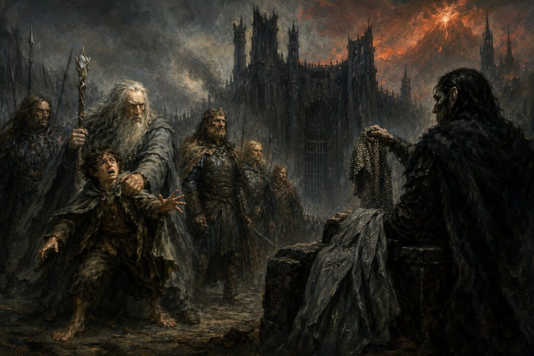 Gandalf restrains a grieving young hobbit as the Captains of the West see Frodo’s stolen gear at the Black Gate.