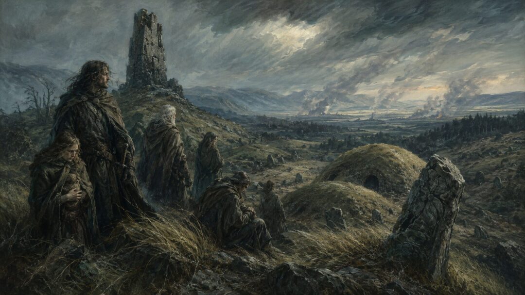 Weary survivors of Cardolan standing among ancient graves near the Barrow-downs after war with Angmar.