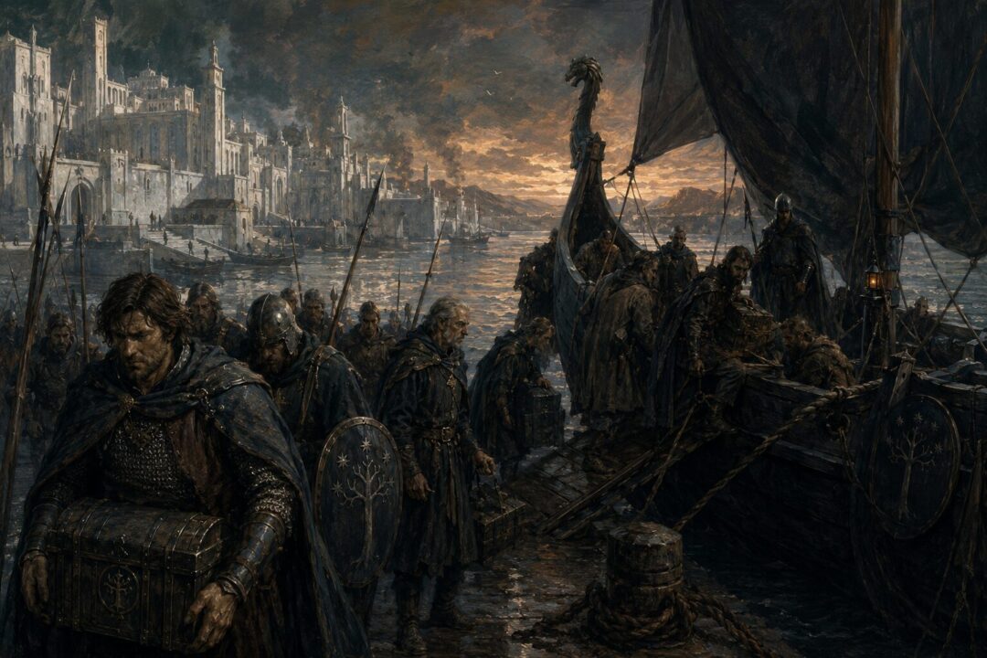 Defeated Gondorian rebels loyal to Castamir flee Pelargir by ship toward Umbar.