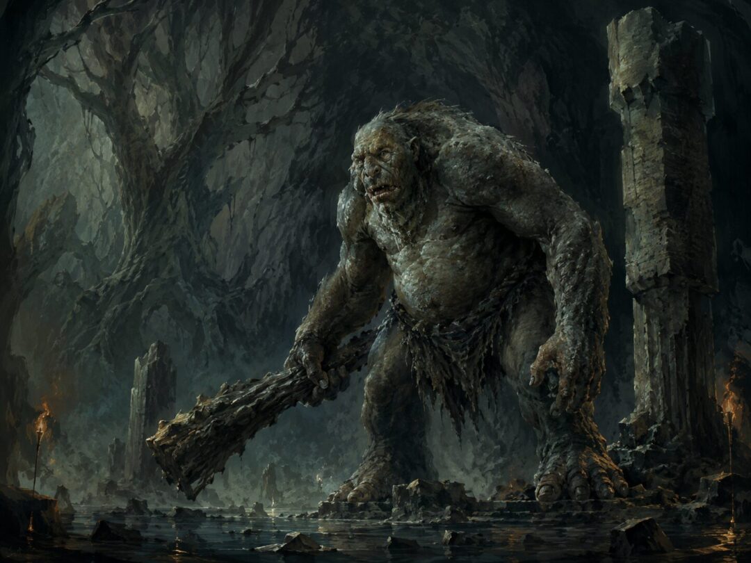 A hulking Troll stands in a dark stone chamber, shown as brute strength without wisdom.