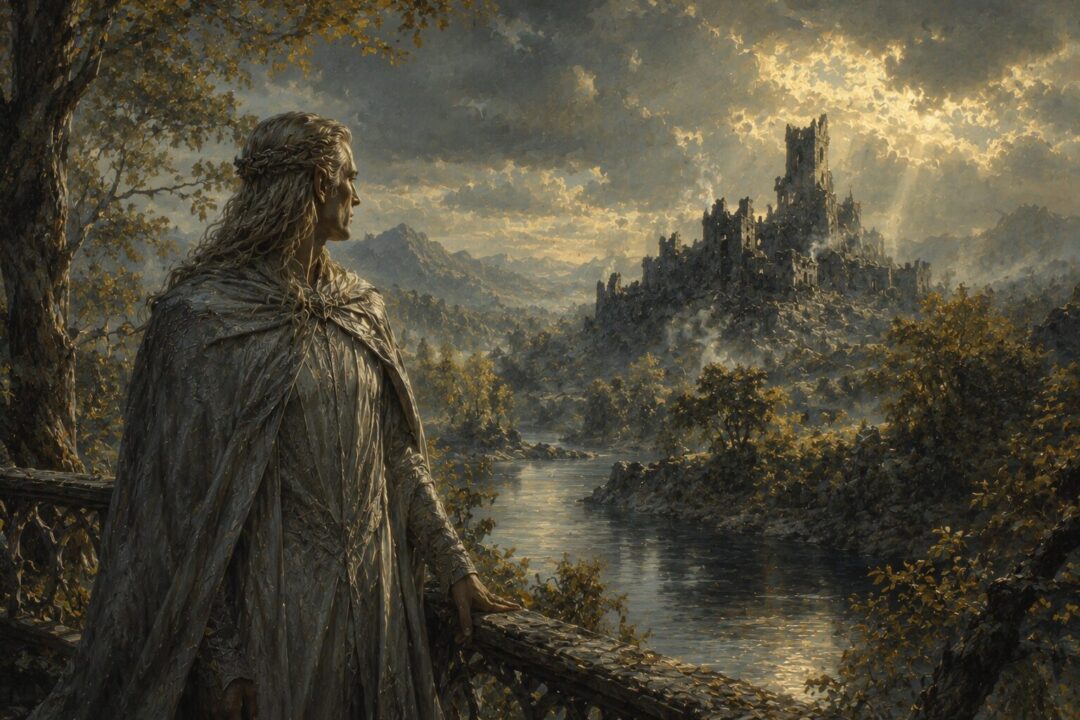 Celeborn looking toward the ruined fortress of Dol Guldur after Sauron's defeat.
