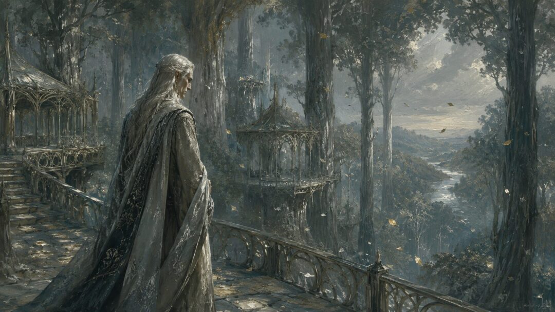 Celeborn standing alone among fading mallorn trees in Lothlórien after Galadriel departs over the Sea.