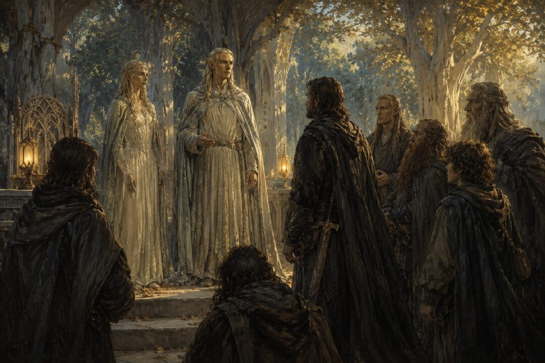 Celeborn and Galadriel receiving the Fellowship in Caras Galadhon.