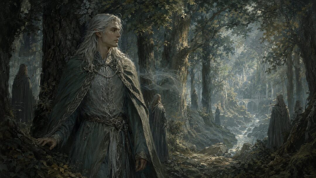 Young Celeborn in the ancient woodland realm of Doriath, surrounded by watchful Sindarin Elves.