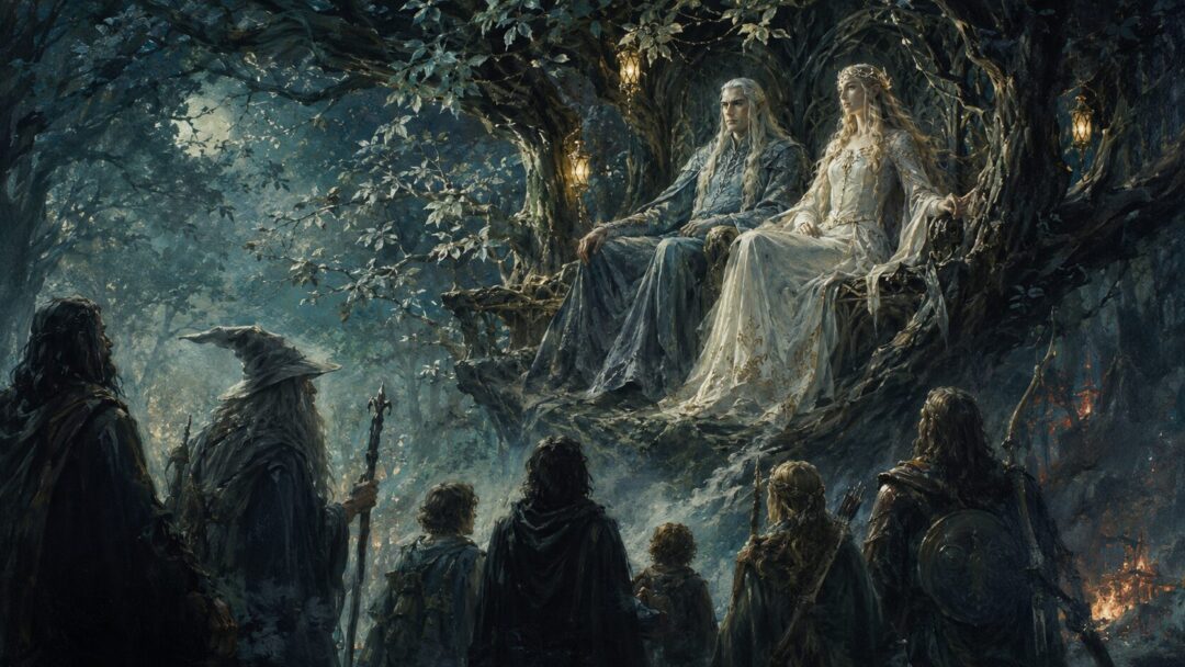 Celeborn and Galadriel seated together in Caras Galadhon as the Fellowship stands before them in Lothlórien.