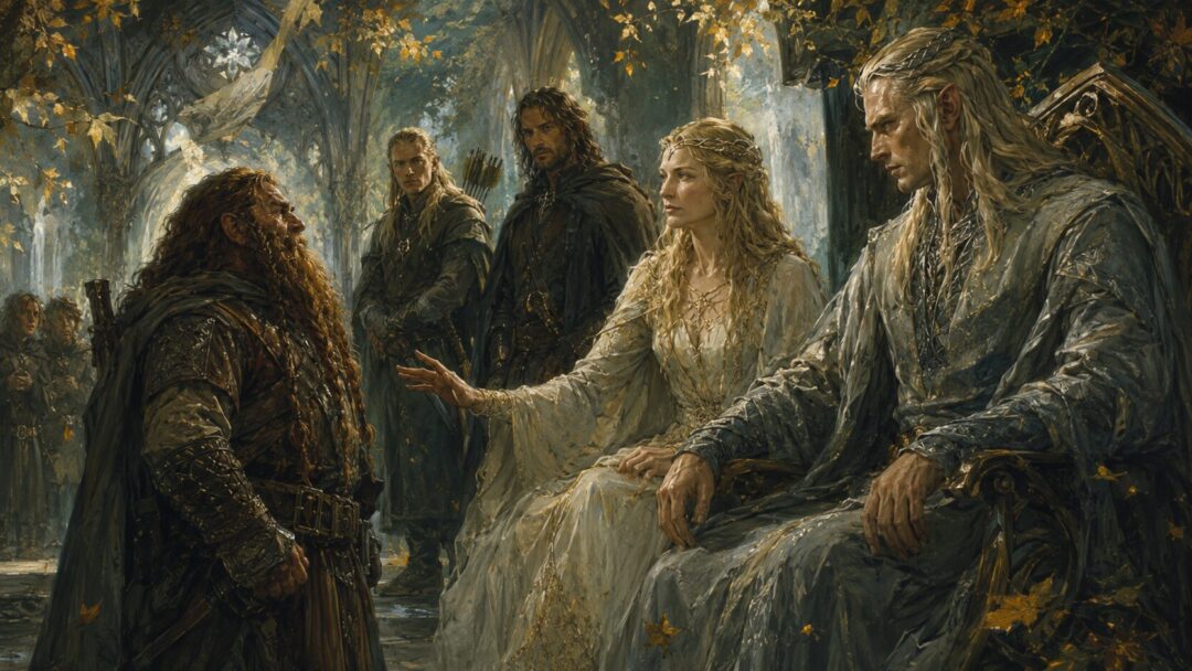 Celeborn wary of Gimli in Lothlórien as Galadriel responds with wisdom and mercy.