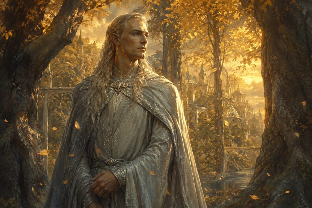 Celeborn standing beneath the golden mallorn trees of Lórien with quiet authority.
