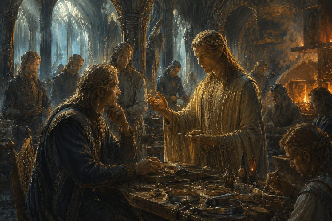 Celebrimbor receiving instruction from Annatar inside the great workshops of Eregion.