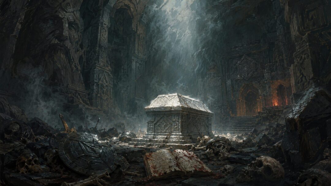 A ruined Dwarven record chamber in Moria with a white tomb, broken shields, bones, and a damaged book under a shaft of light