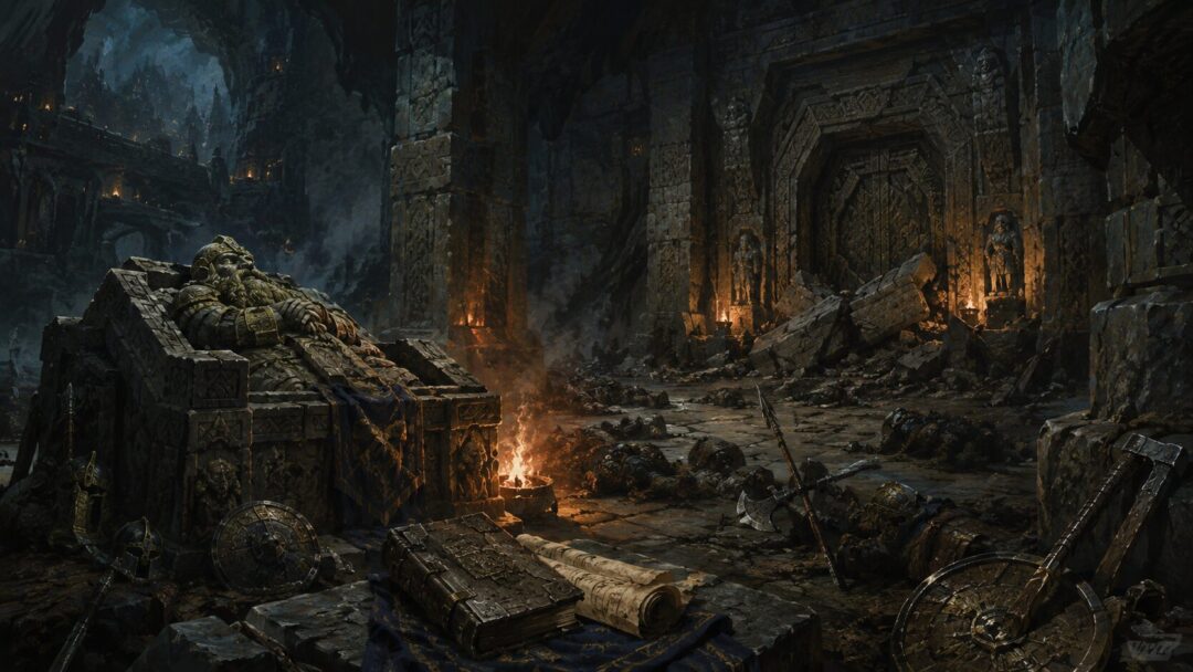The Chamber of Mazarbul showing the aftermath of the Dwarven last stand