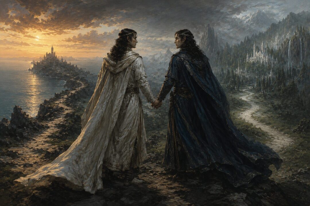 Elrond and Elros facing the Choice of the Half-elven and their diverging destinies.